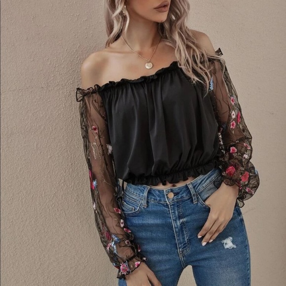 Boho floral mesh embroidered sleeve off shoulder blouse - Picture 6 of 8
